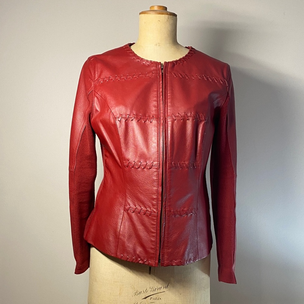 Nygard Collection Red Leather Jacket- Hand-Stitched Detail, Stretch Knit Panels
